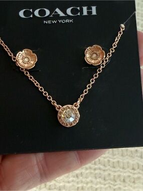 Coach Rose Gold-Tone Flower Necklace with Crystal Pendant